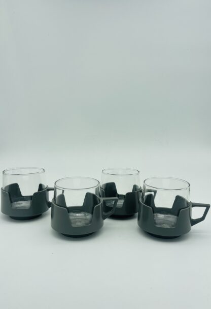 Set of 4 JAJ Pyrex Grey Plastic & Glass Drink Up Coffee Tea Cups